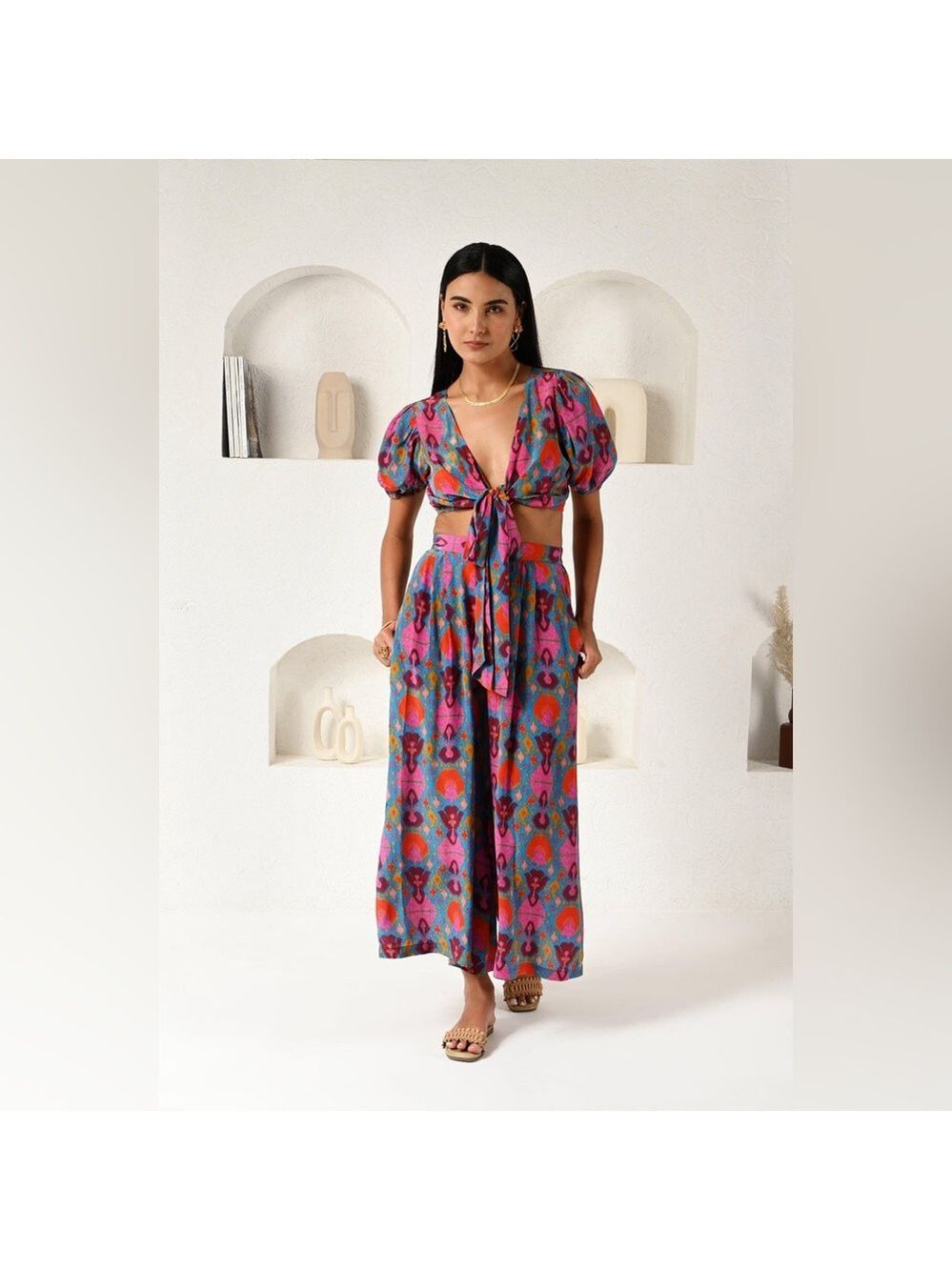 ✨ Anthropologie Ollari New York Ikat Silk-Feel Crop Top & Wide Leg Pant Set - L